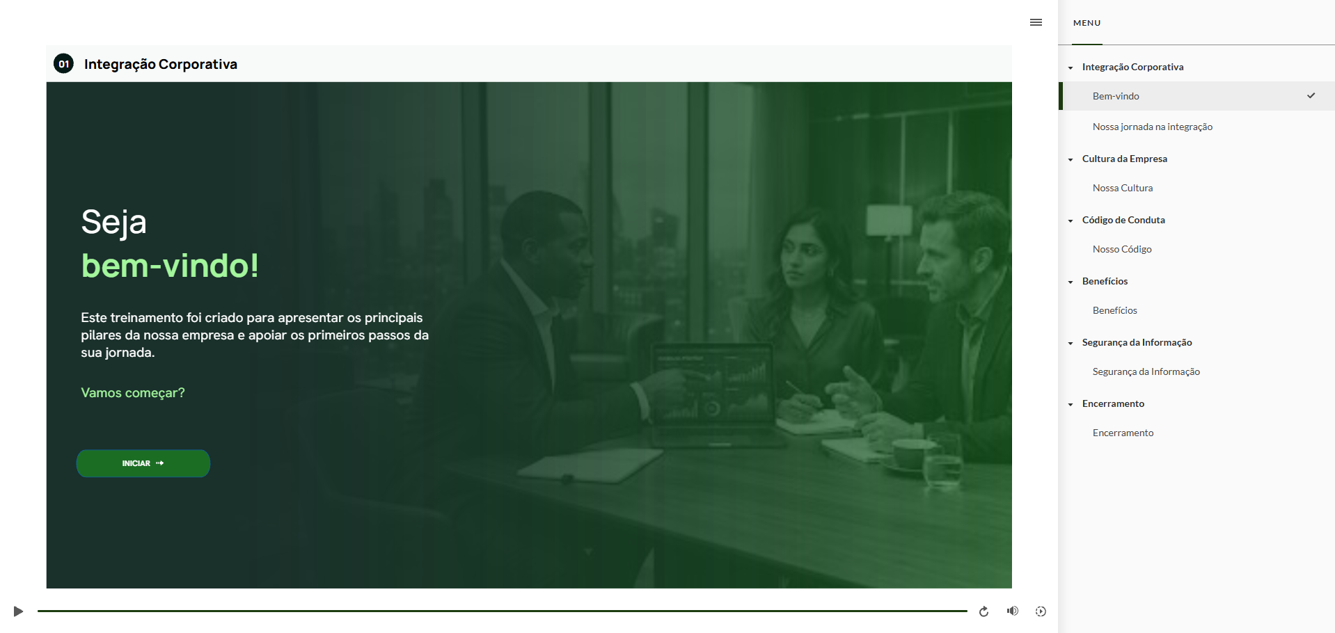 Tela de abertura do treinamento RH - Integração Corporativa