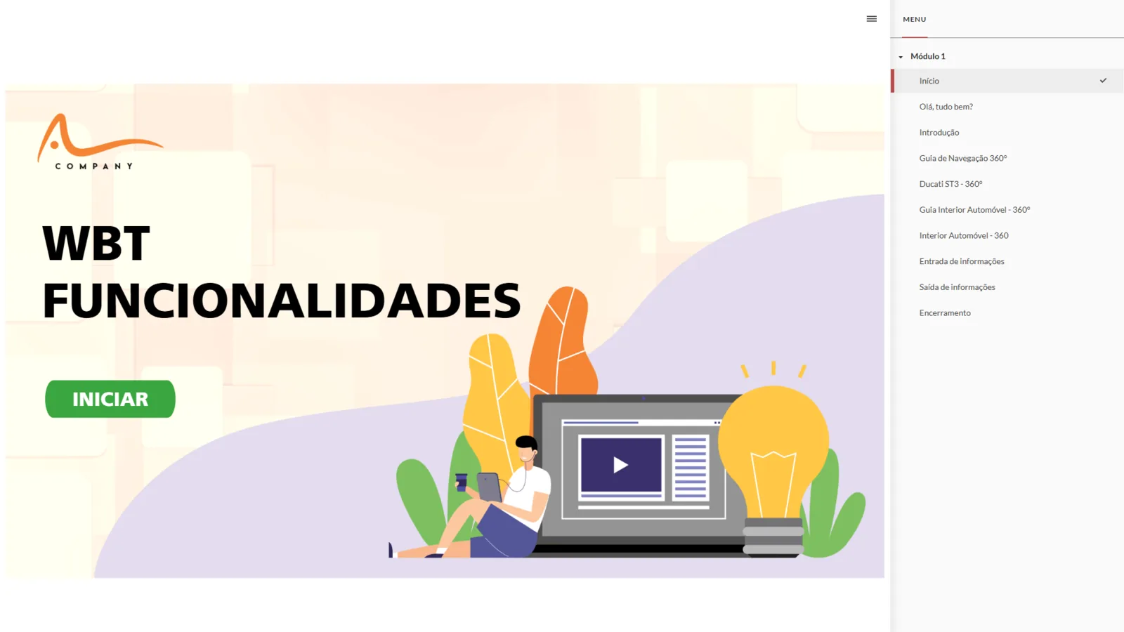 Tela de abertura do WBT Funcionalidades, com botão Iniciar e menu de módulos do treinamento